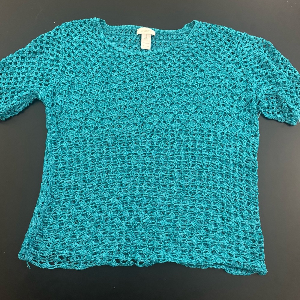 Chico’s Teal Crochet Women Top Size 1 (Medium)